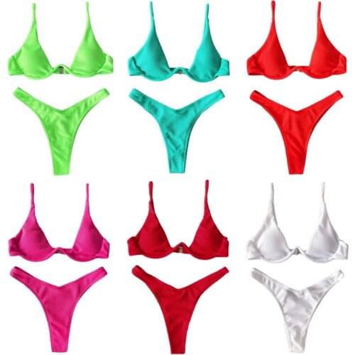 N0HA Women Sexy Brazilian Bikini Set V-Neck Push Up Underwire Triangle Swimsuit Bright Neon Solid Color Ribbed Bathing Suit