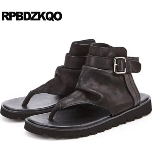 Native Genuine Leather Designer Flat Metal Shoes High Quality Boots Casual Thong Black Mens Sandals 2019 Summer Outdoor Strap