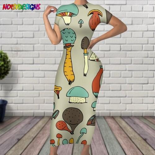 NOISYDESIGNS Mushroom Printing Summer Dress Women Beach Dress Short Sleeve Dresses Female Pencil Dresses for Women Robe 2021