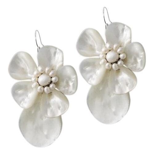 New Arrival Favorite Pearl Earring Unique Sea Shell White Genuine Freshwater Pearl S925 Silver Flower Dangle Earrings Women Gift