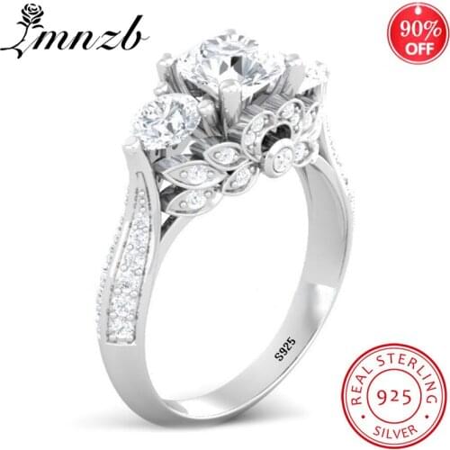 LMNZB Genuine Pure Silver Wedding Rings For Women Unique Flower Shape Set CZ Zircon Engagement Rings Fine Jewelry LR066