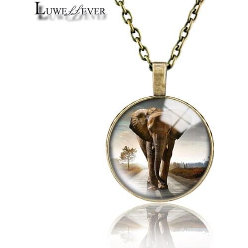 Elephant Necklace 679 25mm Bronze 30mm Wood Rhinestone Double-sided Moon Round Glass Pendant For Women Gift