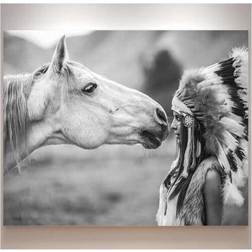 Full Square Round Mosaic Diamond Painting Black White horse and girl Diy Diamond Embroidery sale 5d Picture by number P1090