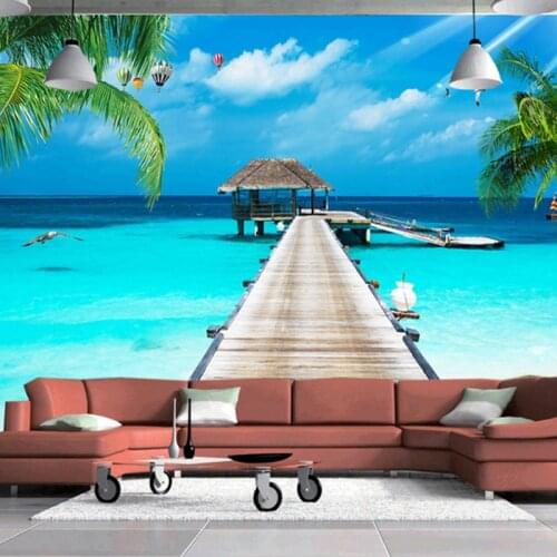 Custom photo mural landscape 3D TV background wall Maldives sea wooden Palm tree landscape background wall painting wallpaper