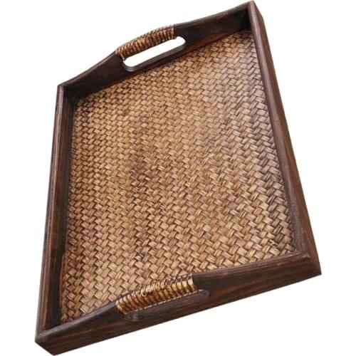 1pc Simple Vintage Rattan Tea Tray Salon Serving Tray Tea Cup Storage Container Serving Tray