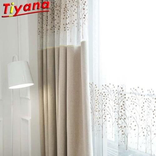 Golden Leaves Tree Jacquard Tulle Curtains for Living Room Beige/Blue Blackout Stitching Tulle Curtains for Bedroom X-HM100#20