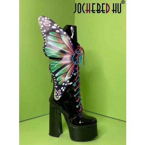 【JOCHEBED HU】Three-dimensional Butterfly Women Knee Boots Personality high-heeled Lace Up Latest masterpiece boots 35-46