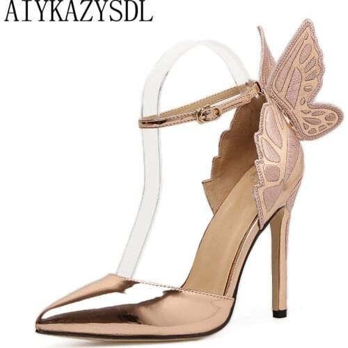 AIYKAZYSDL Women Pointed Toe Pumps Wing 3D Butterfly Embroidery High Heel Ankle Strap Soes D'orsay Metallic Stiletto Shoes Dress