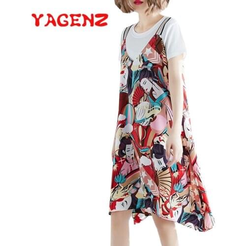 YAGENZ Plus Size Two Piece Set Women Short-sleeve T-shirt Tops Printed suspenders chiffon dress Fashion Casual 2 Piece Set 741