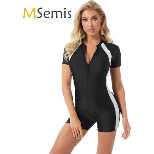 Womens Swimwear Stand Collar Front Zipper Swimsuit Color Contrast Removable Pads Short Jumpsuit Bodysuit Beach Bathing Suit