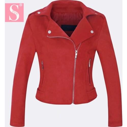 STVY Women Zipper Suede Coat Long Sleeve Motorcycle Leather Jacket Women Outwear Belted 2018 Spring Autumn Short Jackets