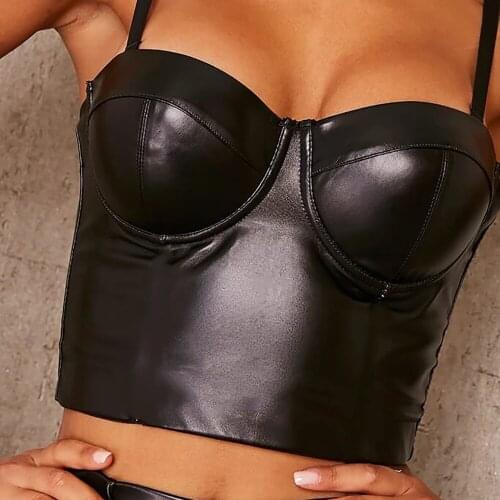 Black Faux Leather Waistcoat Woman Camis Sexy Solid Color Suspender Strap Crop Tops Fashion Lady Backless PU Vest Tube Tops