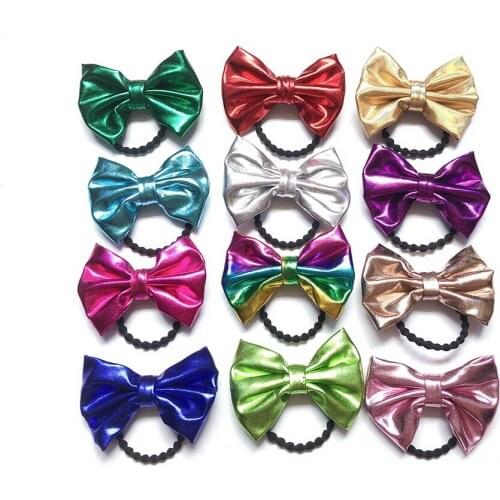 12pcs Fashion 4" Glossy Leather Bow Hair Ties Glitter Bowkont Elastic Hair Bands Princess Headwear Girls Hair Accessories