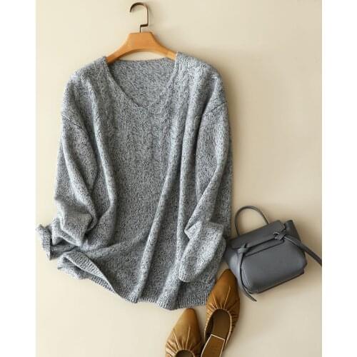 2020 autumn winter 100% cashmere v neck thick pullovers women oversized long sleeve fancy sweaters knitted jumper tops female