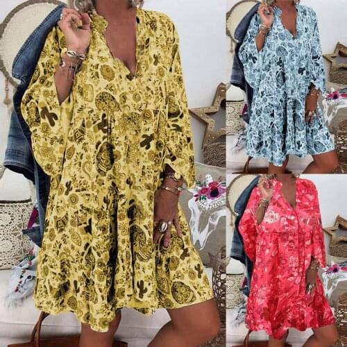 2021 Womens Autumn Dress Floral Print Vintage Ruffle Deep V-Neck Loose Dresses Beach Boho Casual Party Dress Female vestidos