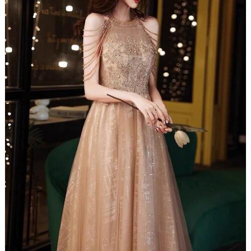 2021 Champagne Gold Prom Dresses Halter A-line Floor-length Tulle Woman Party Night Sparkly Sequin Evening Gown With Beaded New