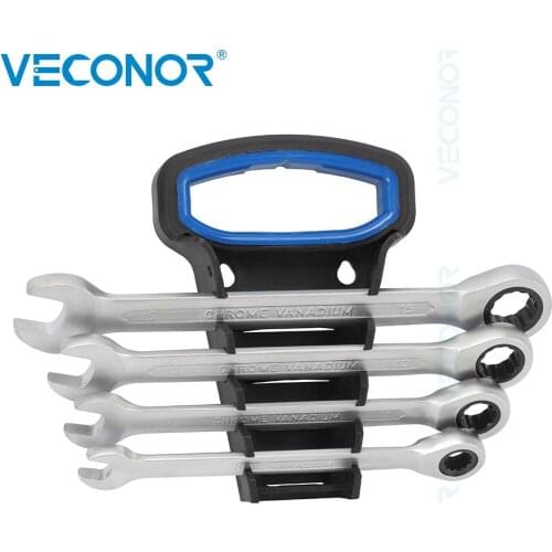 4pcs Ratchet Spanner Wrench Tools Set Car Ratchet Key Wrench Fixed Head Dull/Full Polished Multi-tool with Rack for Repair