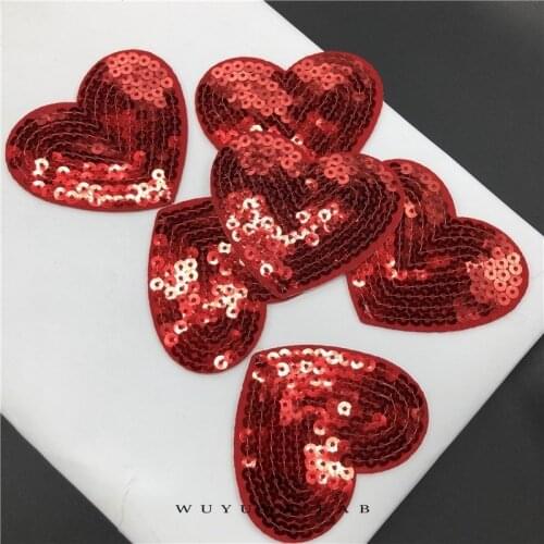 5Pcs/lot Red hot Heart Sequins Applique Sticker Clothing Embroidery Patch Fabric Sticker Iron On Patch Craft Sewing Repair 7x6cm