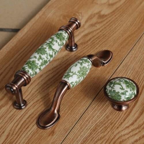 76mm 96mm vintage rural white green ceramic kitchen cabinet dresser door handles 3" antique copper drawer cupboard pulls knobs