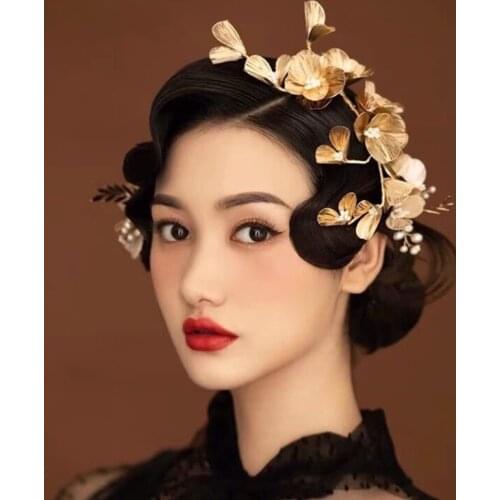 Vintage Tiara Gold Flower Hair Accessories Butterfly Headband With Earrings 2021 Haar Jewellery Pearl Headpiece Headdress