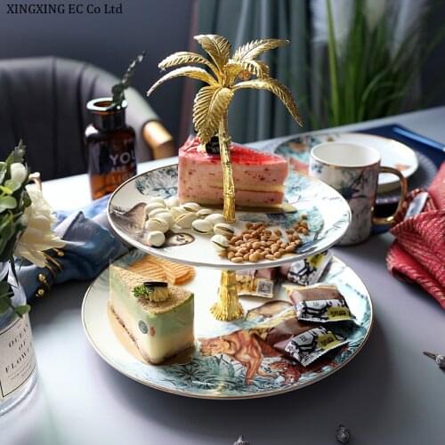 Household Tableware Dessert Plate Jungle Animal Double-layer Gilt Bone China Tray Afternoon Tea Wedding Decoration Cake Stand
