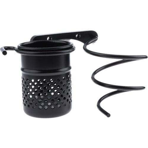 Black Aluminum Hair Blow Dryer Holder Wall Mount Spiral Blower Rack Hanging Shelf With Cup and Plug Hook for Bathroom Washroom