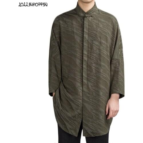 Long Style Men Loose Shirt Drop Shoulder Mens Casual Shirts Mandarin Collar Frog Closure Cotton & Linen Man Jacquard Shirts