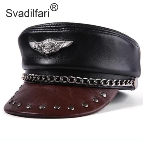 Hot Seller Unisex Real Leather Eagle Emblem Casquette Leisure Cap Locomotive Punk Flat Cowhide Leather Peaked Hats For Men Women