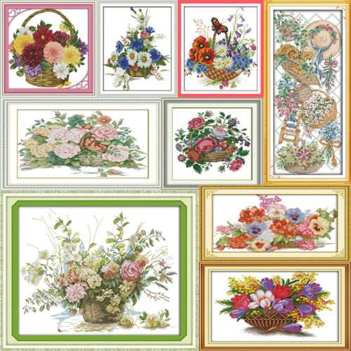 Joy Sunday Flower Basket Series Counted DIY Hand Cross Stitch 11CT 14CT DMC Printed Cloth for Embroidery Home Decor Needlework