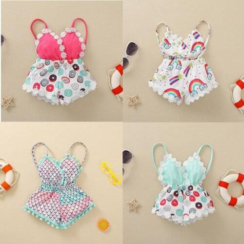 2021 Summer Clothing Newborn Toddler Baby Girl Romper Halter Printing Floral Lace Jumpsuit One Piece Sunsuit Kids Girls Clothes