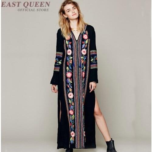 Mexican boho chic hippie dress vacation holiday long side split embroidered dress FF1169