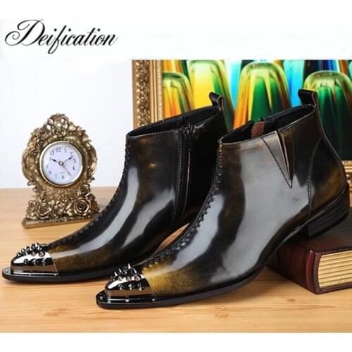 Deification Retro Gradient Color Business Formal Man Ankle Boots Rivet Pointed Toe Punk Rock Shoes Men Motorcycle Cowboy Boots
