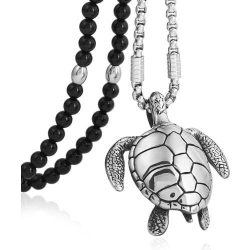 Men Punk Stainless Steel Sea Turtle Pendant Necklace with Black Natural Stone Bead Necklace 26"