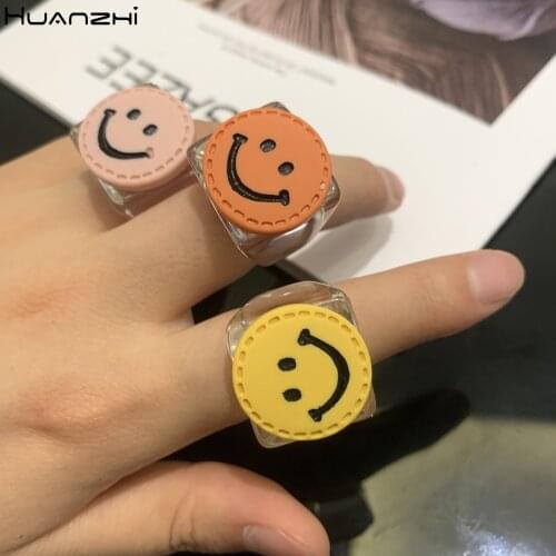 New Summer Colorful Smiley Ring Acrylic Resin Transparent Geometric Square Rings for Women Girls Fashion Jewelry HUANZHI 2021