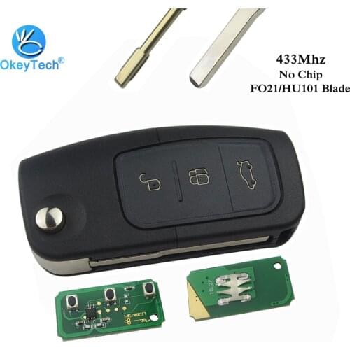 OkeyTech No Chip Flip Folding 3 Button 433Mhz Uncut FO21/HU101 Blade Remote Key for Ford Focus Fiesta MK7 Mondeo MK3 MK4 Ranger