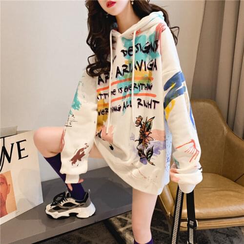 Autumn Spring Women Hoodies Fashion Graffiti Letter Cartoon Print Oversize Girls Loose Clothes Casual Female Streetwear Hoody