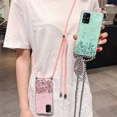 With Neck Strap Clear Glitter Case For Samsung Galaxy A51 A50 A71 A70 S20 FE Ultra S10 Plus A12 A32 A42 A31 A21S S21 M51 A52 A72
