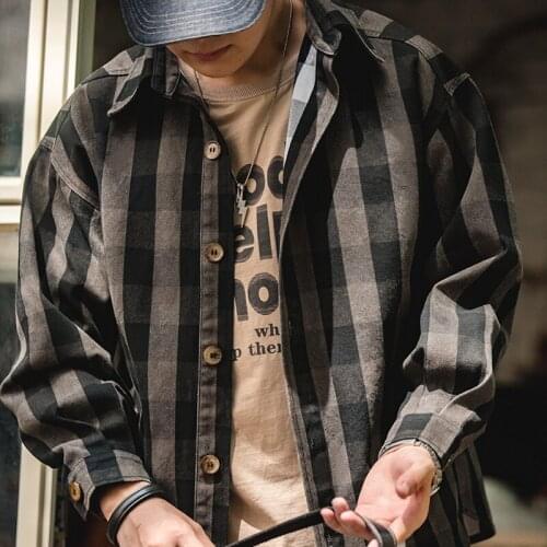 Maden Harajuku Plaid Mens Shirts Retro 360G Heavy High Quality Casual Single Breasted Loose Long-sleeved Turn-down Collar Shirt