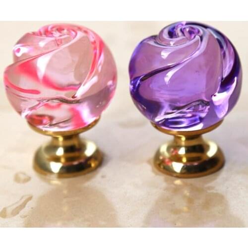 Modern fashion Creative rose glass crystal drawer shoe cabinet knobs pulls gold pink purple kitchen cabinet cupboard door handle