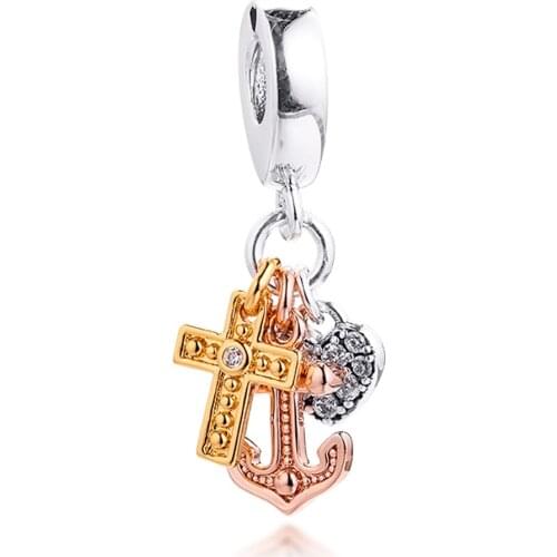 Triple-tone Cross, Heart, & Anchor Dangle Charms Fits Pandora Bracelet 925 Sterling Silver Beads for Jewelry Making Kralen