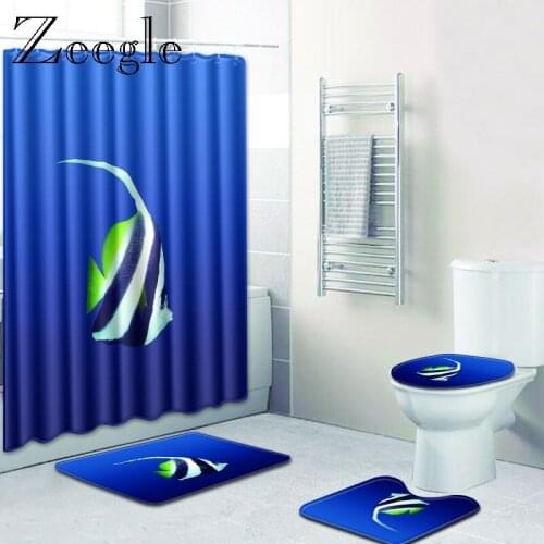 Zeegle Modern Bath Mat Pedestal Rug with Shower Curtain 4PCS Toilet Lid Cover Mat Memory Foam Absorbent Bathroom Carpet