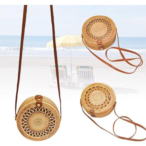 Hand-woven Bag Rattan Bag Round Ladies Fashion Diagonal Woven Bag Straw Bag Seaside Vacation Picnic Backpack Storage Bag