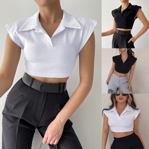 Sexy Womens Solid Color Summer Polyester Tanks Tops Casual Sleeveless Lapel V-Neck Slim Fit Crop Tops