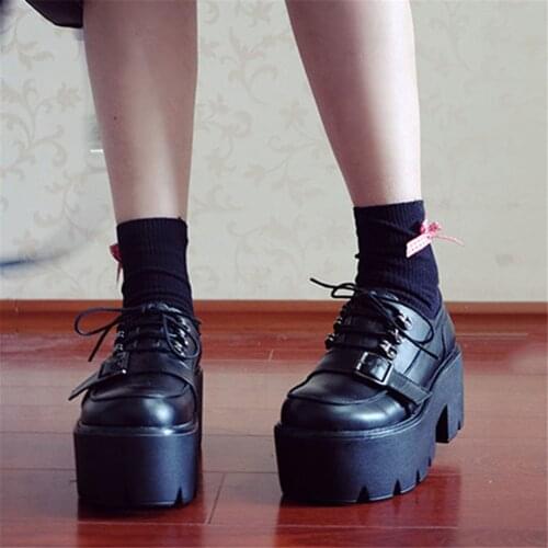Women Black Punk Handsome Belt Buckle Thin Low Top Shoes Harajuku Sponge Cake Super Thick Soles Gothic Shoes