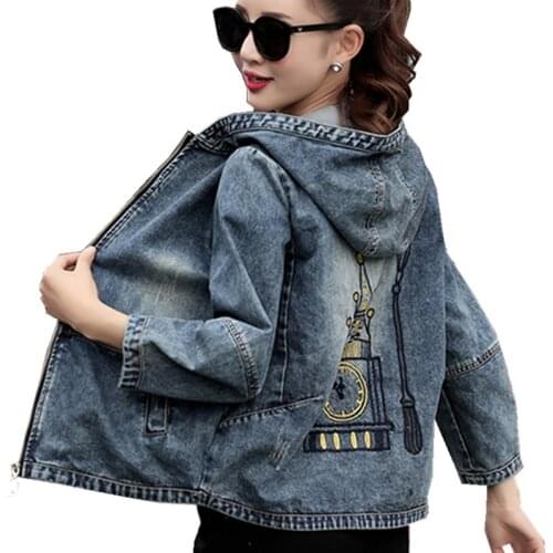 Women denim hooded jacket harajuku top hip hop style 2018 streetwear female autumn winter basic jean jacket 2018 women KK2445