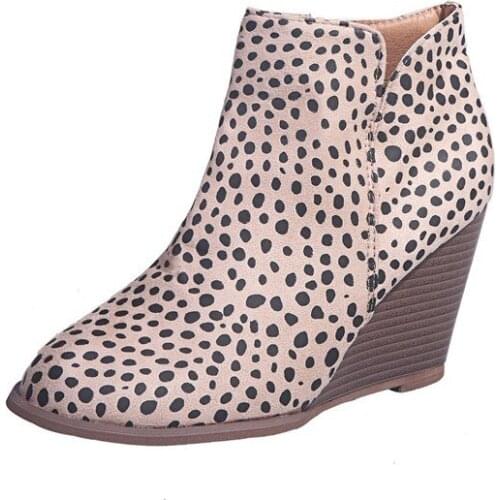 Leopar Pointed Toe Booties Winter Women Leopard Ankle Boots Lace Up Footwear Platform High Heels Wedges Shoes Bota Feminina