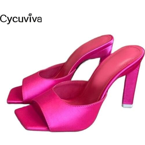 Sexy Summer High Heels Women Slippers Designer Peep Toe Slides Rose Red Silk Mules Runway Party Women Shoes 2021 Sandalias Mujer