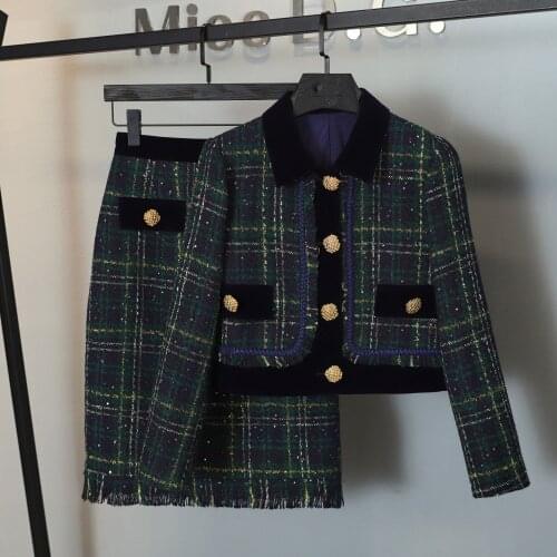Autumn Fashion 2021 New Green Plaid Tweed Jacket Coat + A-Line Tassel Skirt Female Casual Suits 2 Piece Sets For Ladies MS 9.02