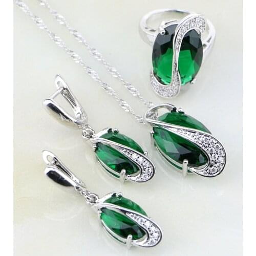 Egg Shaped Green Created Emerald White Stones Sterling Silver Jewelry Sets For Women Wedding Earrings/Pendant/Necklace/Ring
