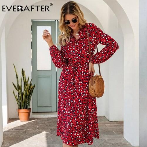 EVERAFTER Vintage Ladies Bohemian Leopard Print Shirt Dress Women Long Sleeve Casual Holiday Autumn Dress Female Lace Up Dresses